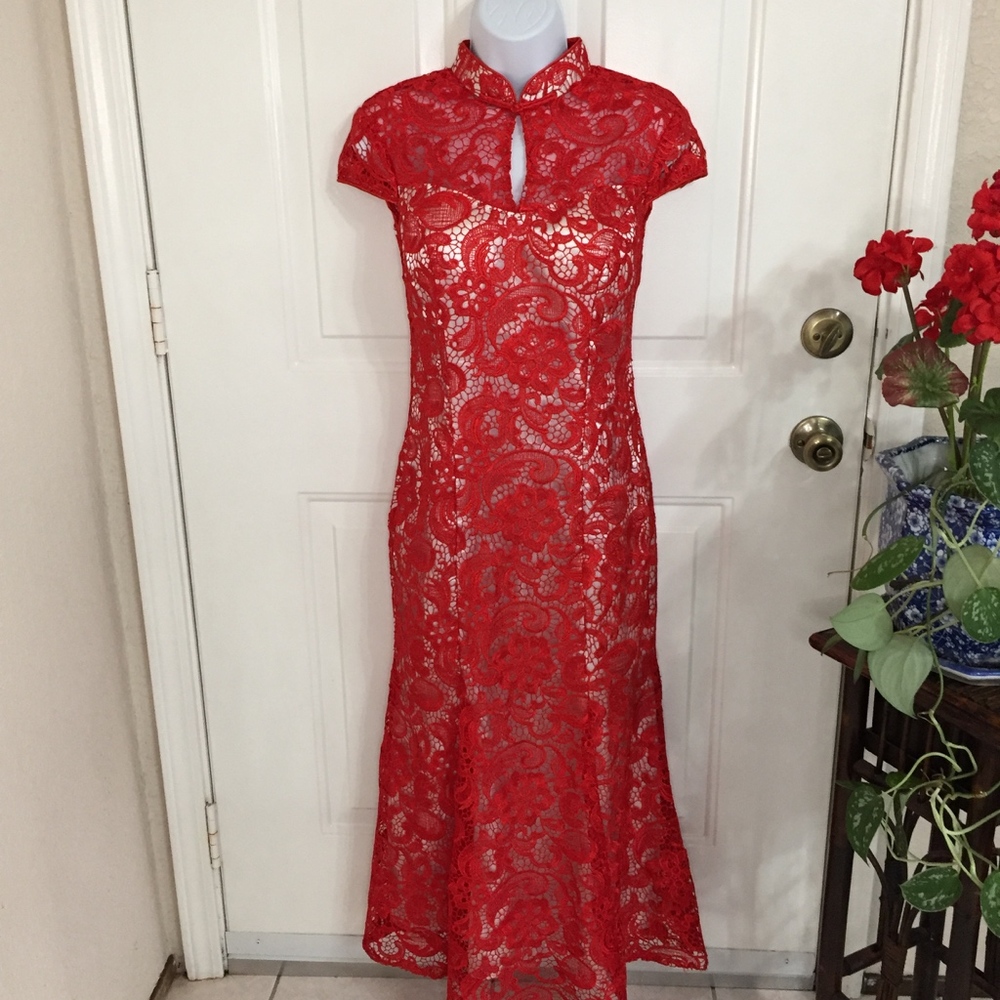 Red Lace Chinese Lace Up the Back Dress qiapoa